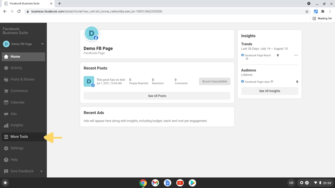 In the Facbeook Events Manager Left Sidebar, click on More Tools